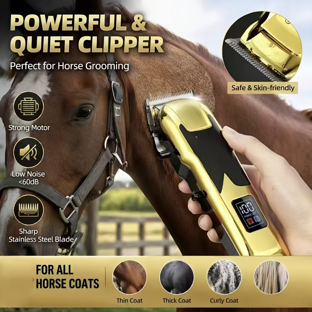 Cordless Horse Clippers with LCD Display, Rechargeable Gold Grooming Trimmer with Adjustable Blade and Separate Pink Pet Clipper Option