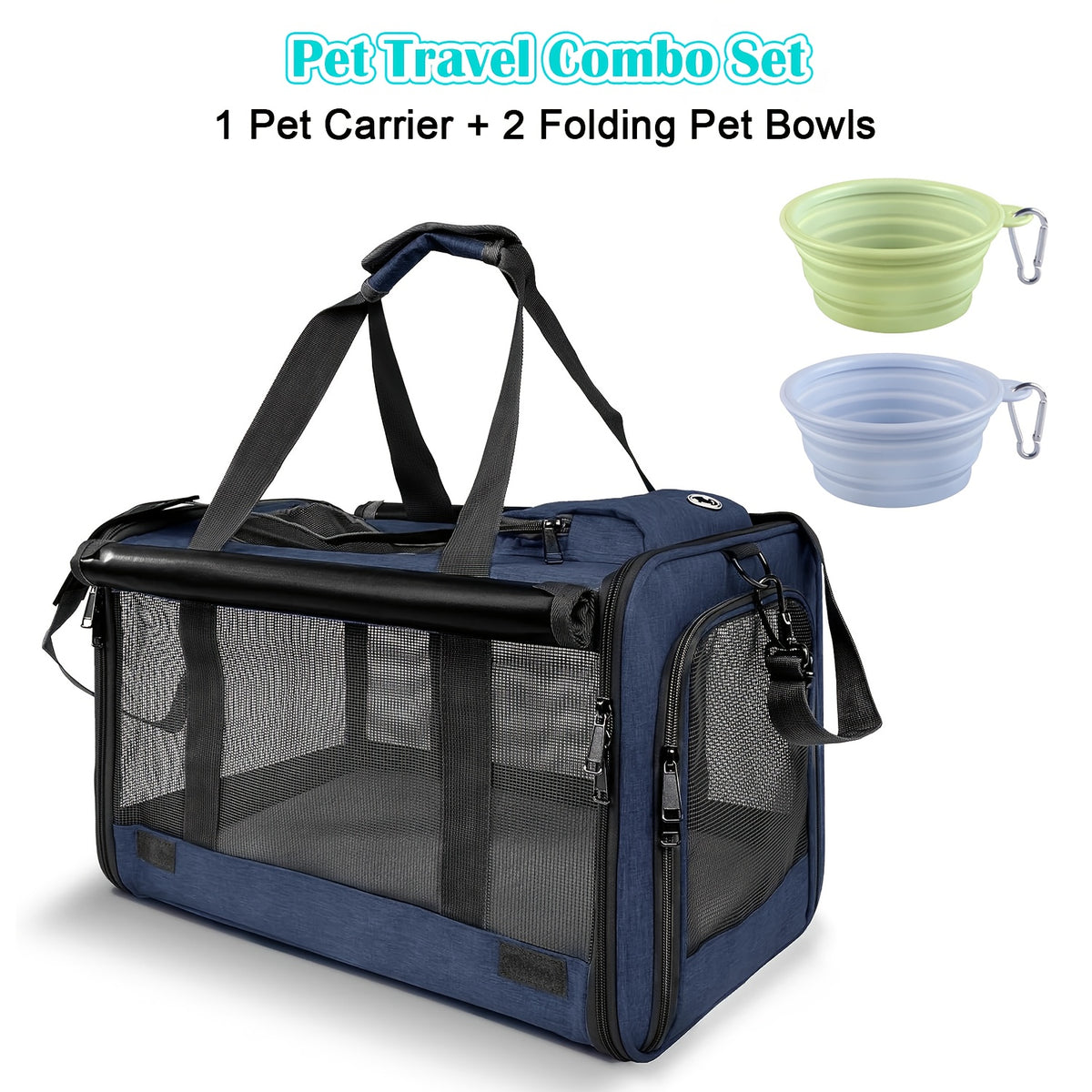 Cat Carrier Travel Set for Cats and Small Dogs, Soft-Sided Breathable Collapsible Pet Bag with Bowl, Collar or Pet Glove Bundle Options