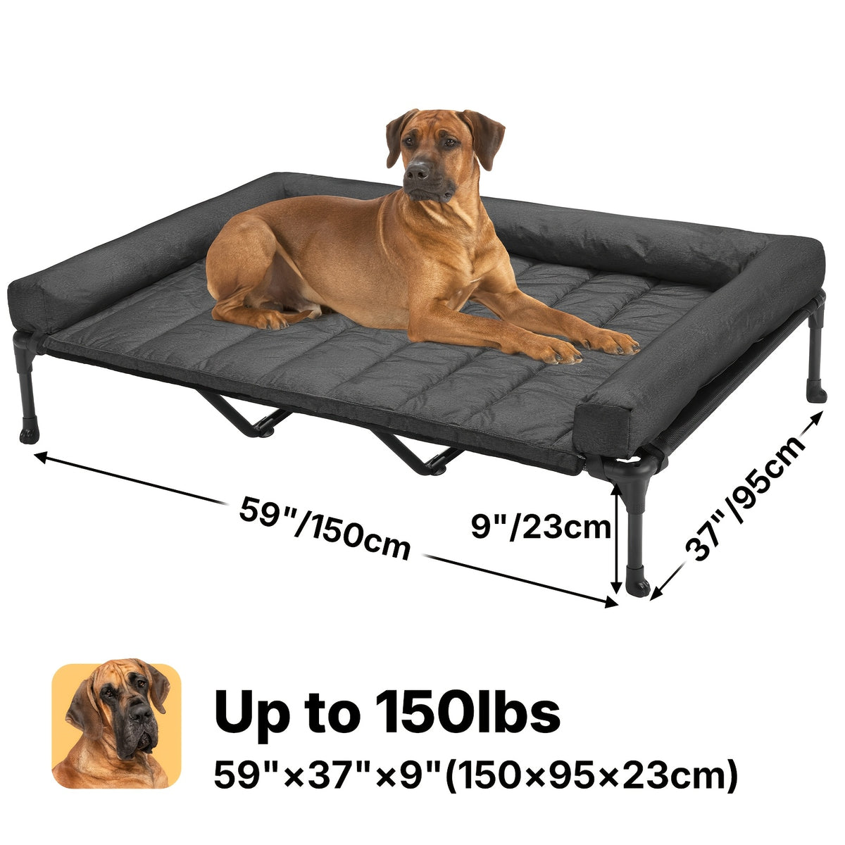 Elevated Dog Bed with Removable Pillow-Top Mat, Three-Sided Bolster Pet Cot with Breathable Teslin Mesh, Steel Frame and Non-Slip Feet in Four Sizes