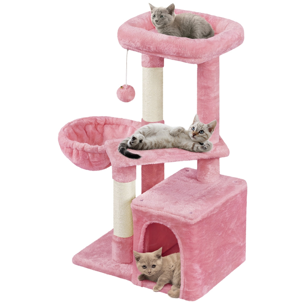 Cat Tree 34.5 Inch with Condo and Basket, Plush Indoor Cat Tower with Nest, Platform, Three Sisal Scratching Posts and Scratching Board in Five Colors
