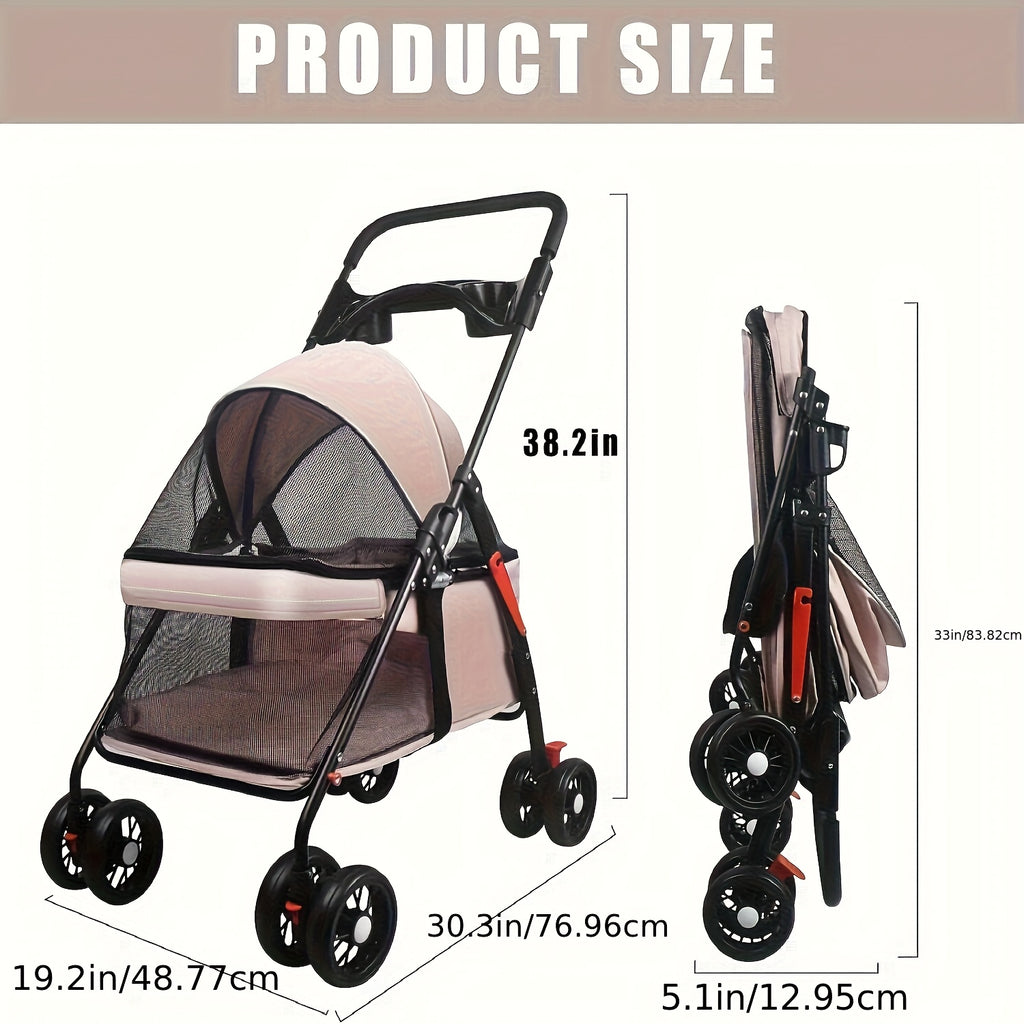 Dog and Cat Stroller in Black, Four-Wheel Pet Pushchair with Foldable Cage, Storage Basket and Cup Holder for Small to Medium Pets