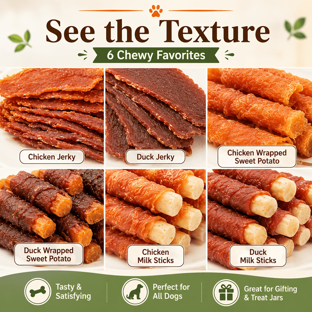 Dog Treat Flavor Selection with Chicken and Duck Jerky Options, Mixed Flavor Snacks for Supervised Training Rewards, Daily Treat Time and Dog Gift Baskets
