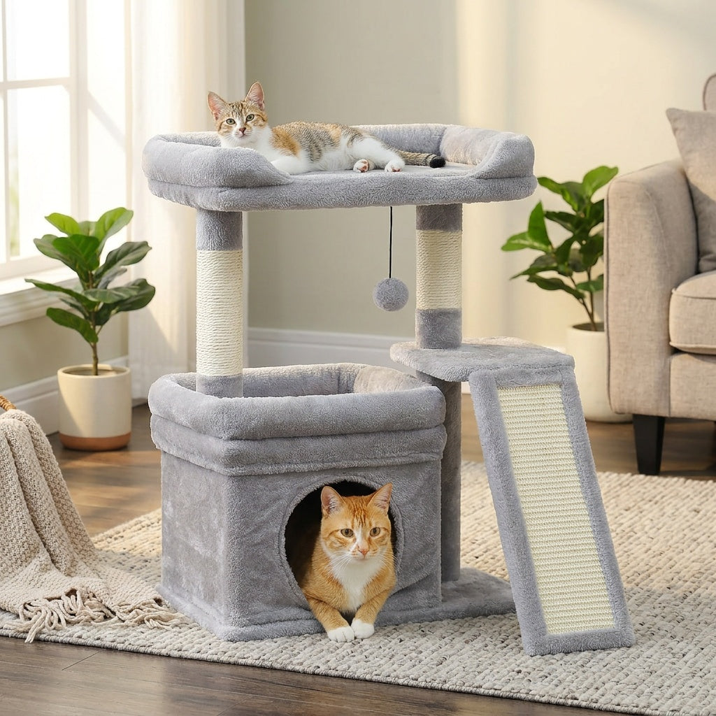 Cat Tree with Wide Perch and Condo, Modern Wood Cat Tower with Sisal Scratching Posts and Pad for Large Adult Indoor Cats and Compact Living Spaces