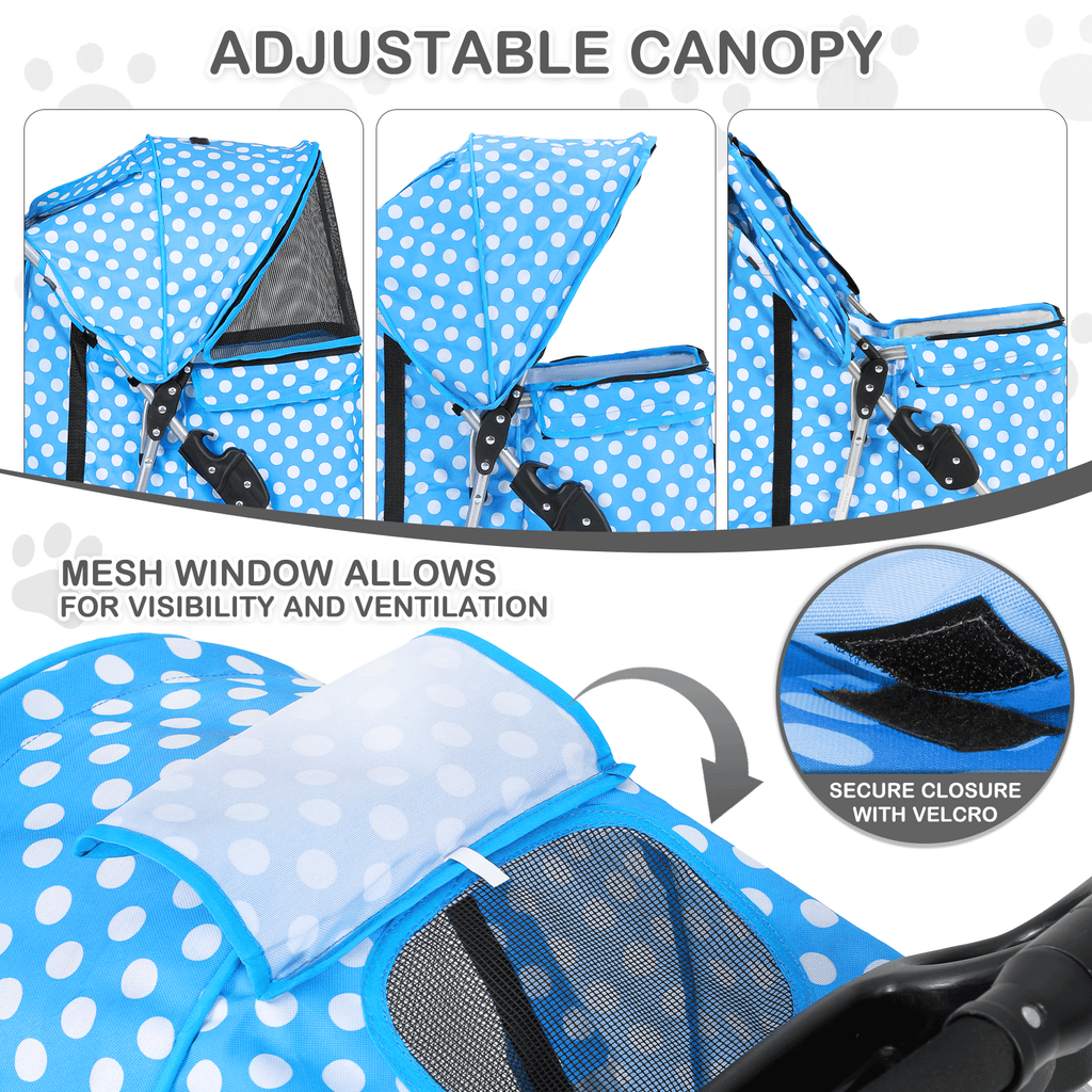 Three-Wheel Dog Stroller with Weather Cover, Foldable Mesh Pet Pushchair for Small Dogs and Cats, Storage Basket, Cup Holder and 10 Style Options