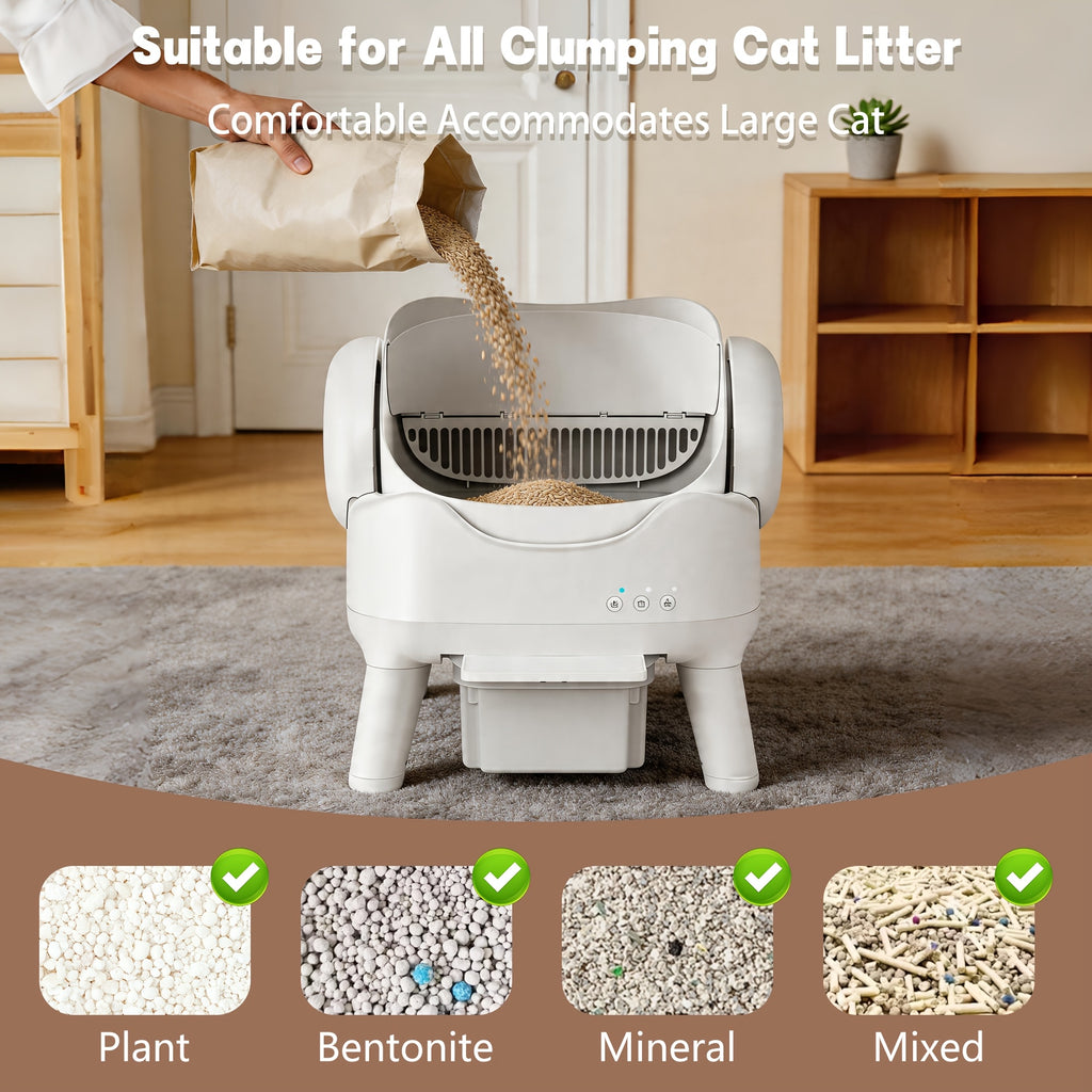 Open Top Self Cleaning Litter Box in White, Automatic Cat Toilet with High Sides, Low Noise Operation and 3.96 Gallon Waste Drawer