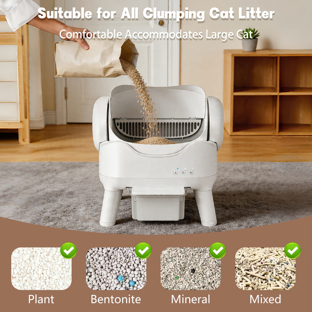 Open Top Self Cleaning Litter Box in White, Automatic Cat Toilet with High Sides, Low Noise Operation and 3.96 Gallon Waste Drawer