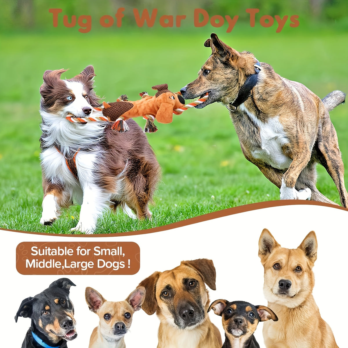 Plush Tug of War Dog Toy with Squeaker and Crinkle Paper, Animal Pull Rope and Stretch Lion Styles for Supervised Interactive Play
