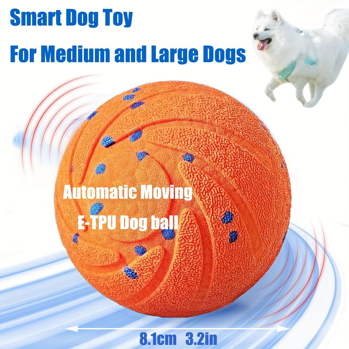Automatic Moving Dog Ball, 3.2-Inch E-TPU Motion Activated Rolling and Bouncing Toy for Medium and Large Dogs, Blue or Orange Chase Play