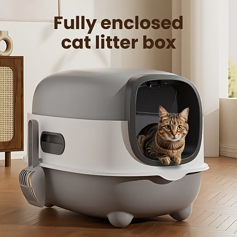 Cat Litter Box with Full Cover and Scoop, Spill-Reducing Enclosed Kitty Toilet in Gray or Blue for Indoor Potty Routines and Easy Daily Cleanup