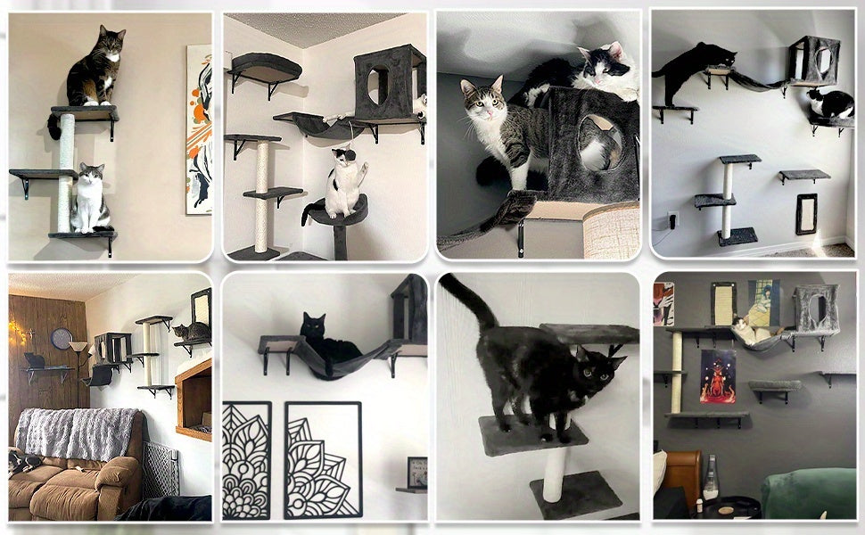 Cat Wall Climbing Shelves with Condo, 6-Piece Wall-Mounted Furniture Set with Scratching Post, Bridge Ladder and Board for Small and Medium Indoor Cats