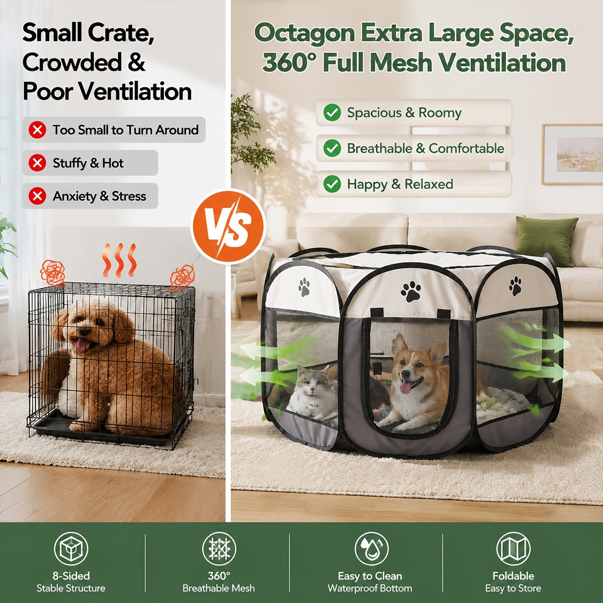 Foldable Puppy Playpen for Dogs and Cats, Octagonal Oxford Cloth Pet Tent in Blue or Off White for Supervised Indoor Rest and Outdoor Camping