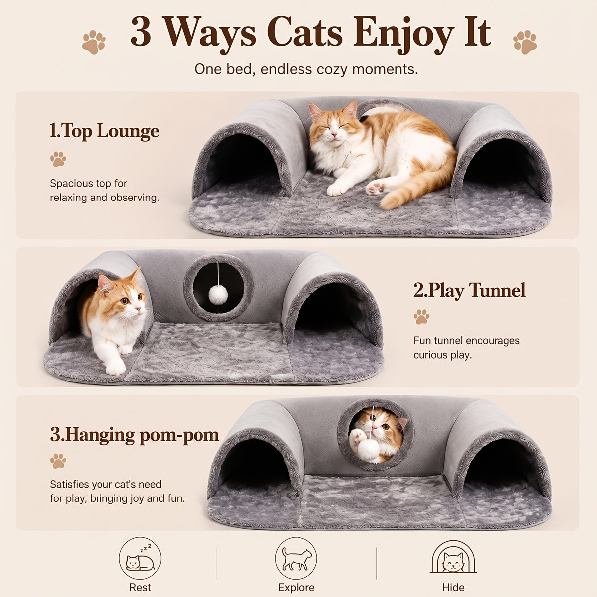 Detachable Cat Tunnel Bed with Plush Lounge and Hanging Pom-Pom Ball, S and M Indoor Cat Nest with Optional Glow-in-the-Dark Stars and Moon