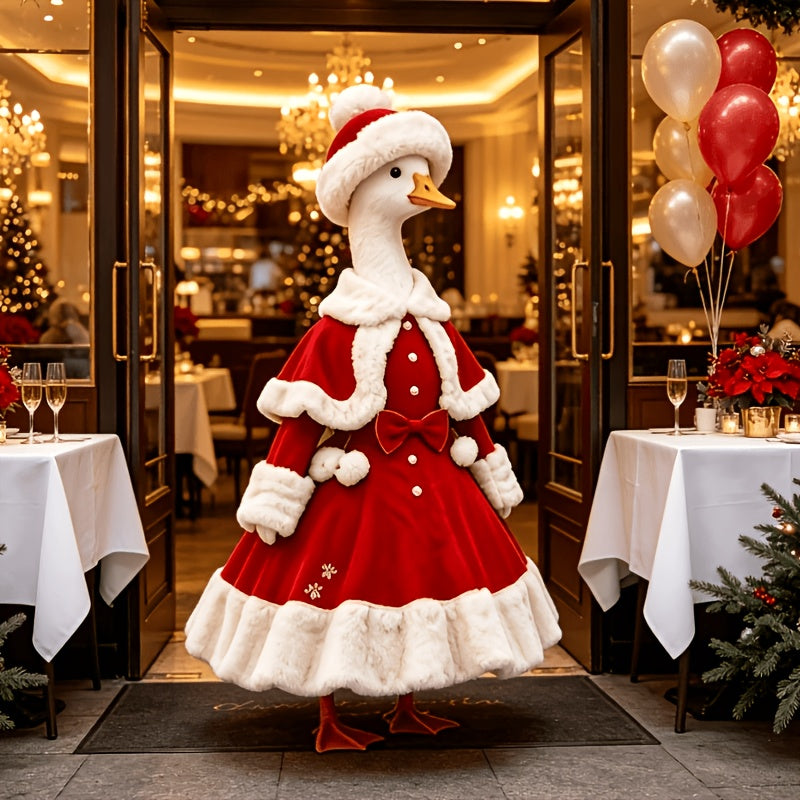 Porch Goose Christmas Costume with Hat for 23-Inch Decorative Statues, Red Holiday Outfit for Seasonal Entryway, Lawn and Garden Displays