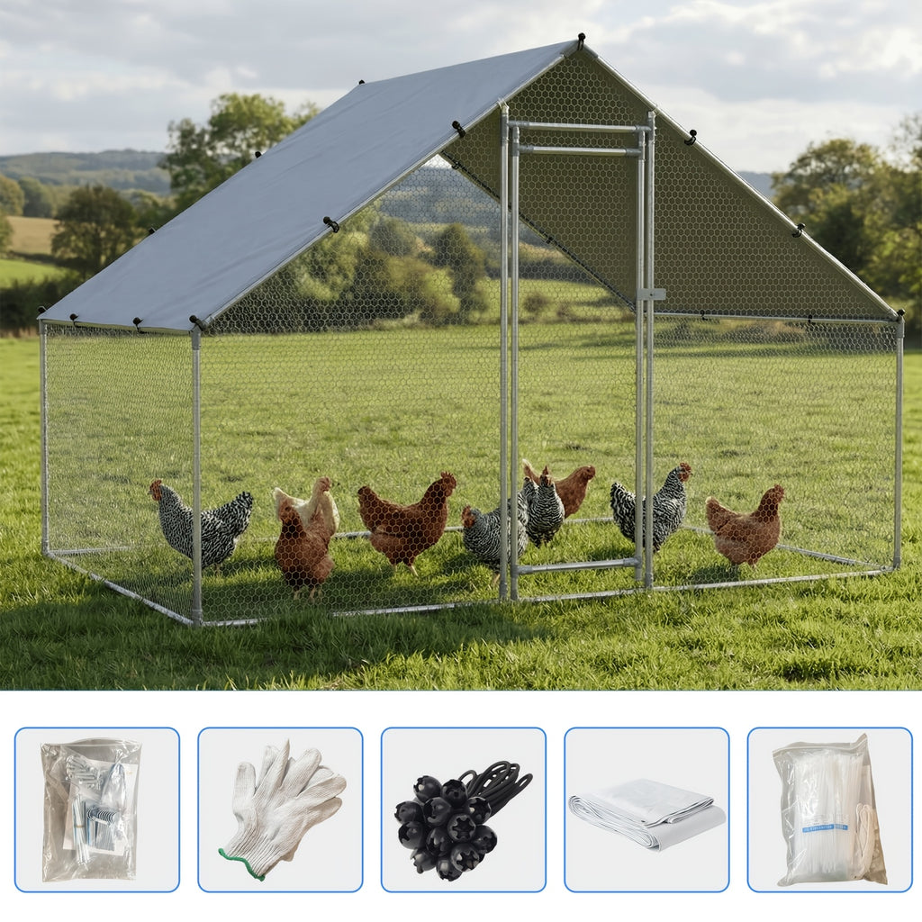 Spire Roof Chicken Coop Run with Metal Frame and Covered Section, Walk-In Outdoor Poultry Enclosure for Backyard Chickens and Ducks, Two Size Options