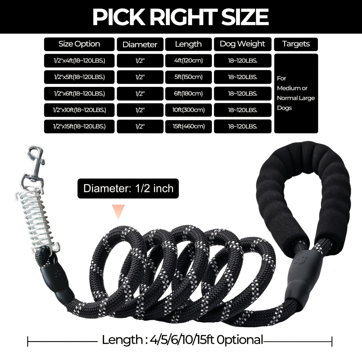Braided Reflective Dog Leash for Daily Walks and Training, 1/2-Inch Rope Lead with 4, 5, 6, 10 and 15 Foot Options in Multiple Colors