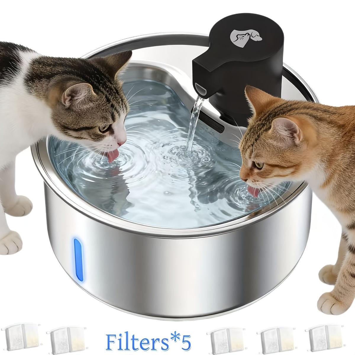 5L Stainless Steel Cat Water Fountain with Water Level Window and Red Blue LED Indicators, Quiet Pet Drinking Dispenser for Dogs and Cats with 2, 5 or 8 Filters