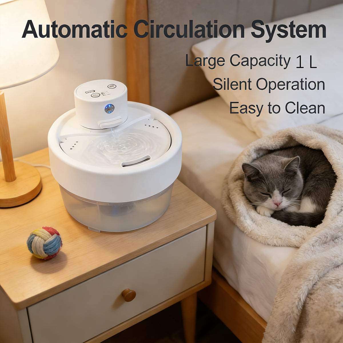 Cat Water Fountain 1L with USB Cable, Compact Automatic Circulating Pet Drinking Dispenser with Visible Reservoir for Indoor Cats and Small Dogs