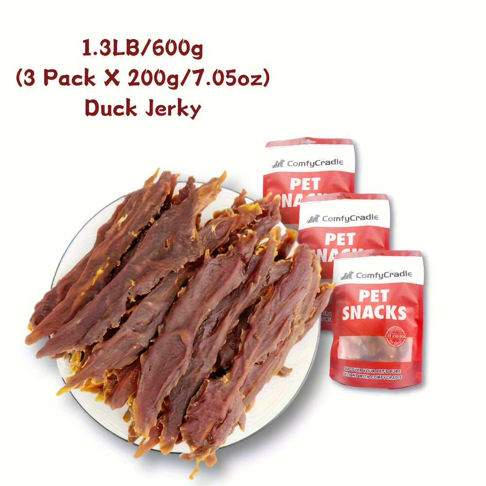 Duck Jerky Dog Treats 3-Pack, Three 200g Bags of Chewy Duck Meat Strips for Training Rewards and Daily Snacks for Small, Medium and Large Dogs