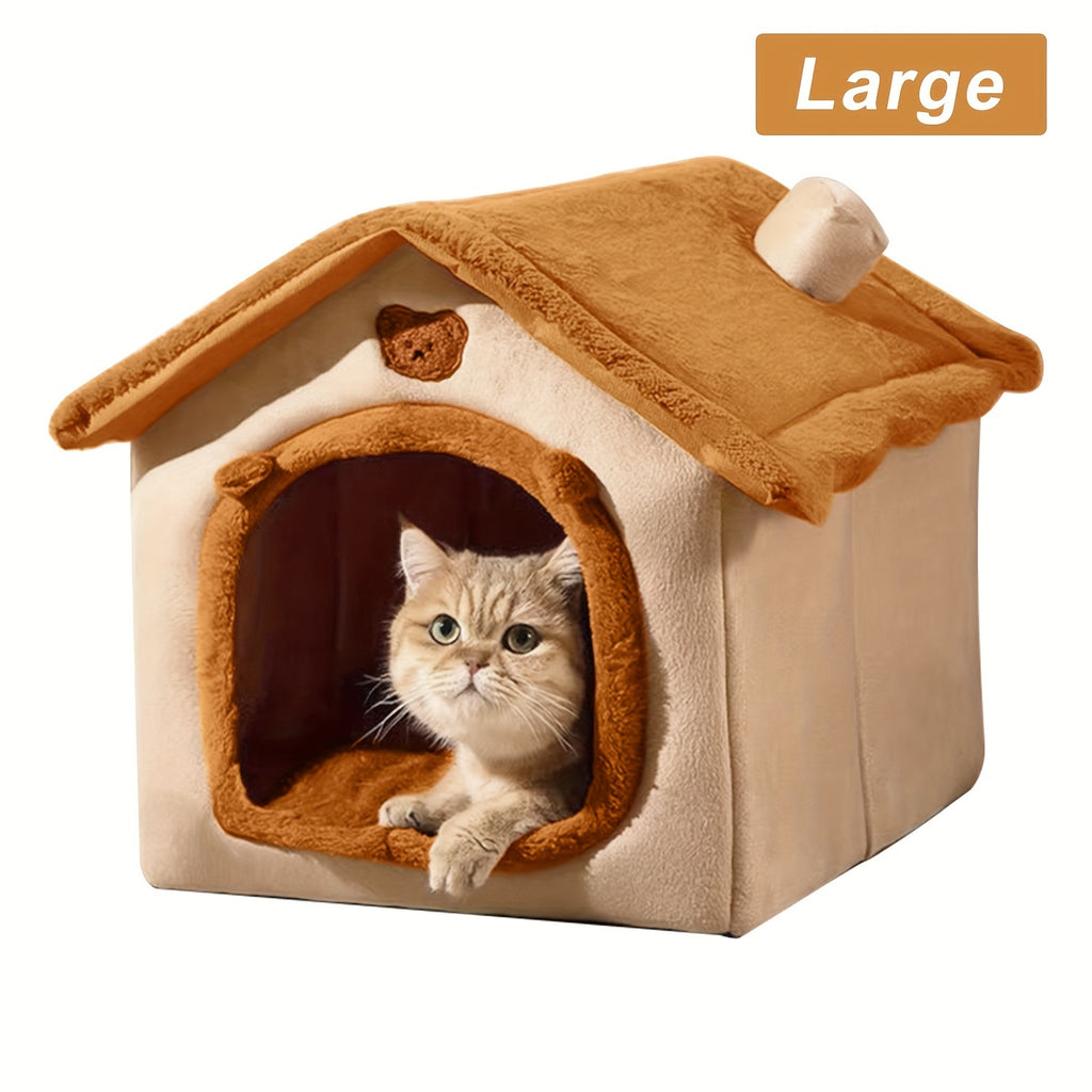 Cat House Bed with Cabin-Style Roof, Detachable Washable Oxford Fabric Pet Hideaway in Three Sizes for Indoor Cats and Small Dogs