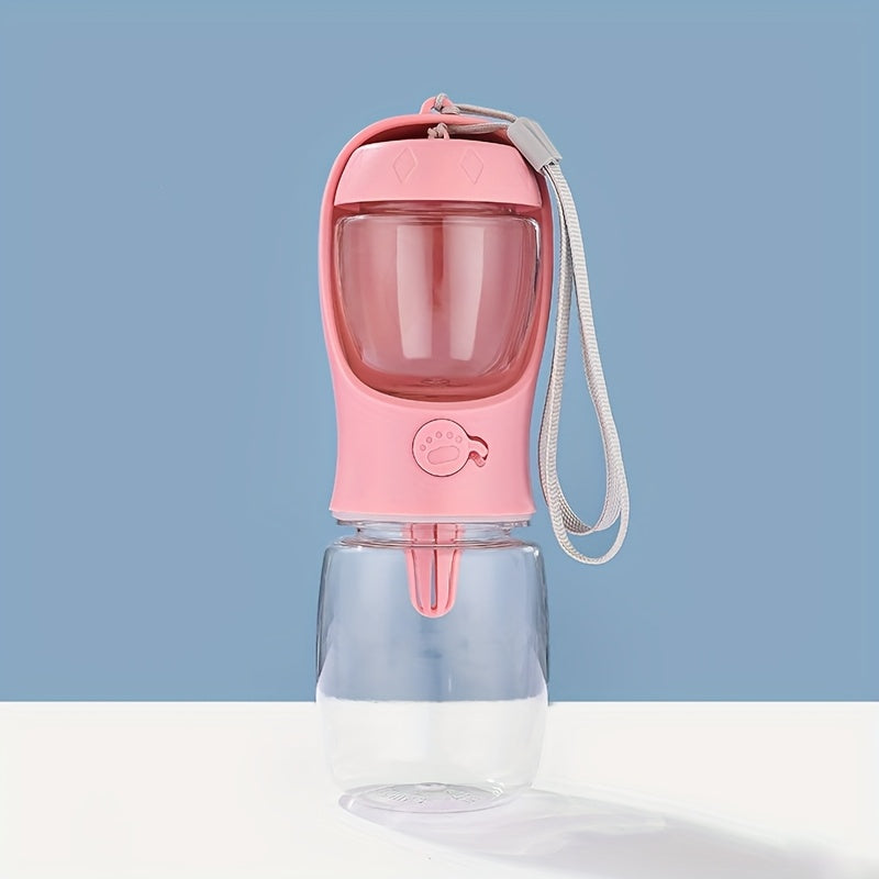 Dog Water Bottle with Food Container, 20 oz Portable 2-in-1 Plastic Pet Travel Dispenser in Pink for Outdoor Walks, Hiking and Road Trips