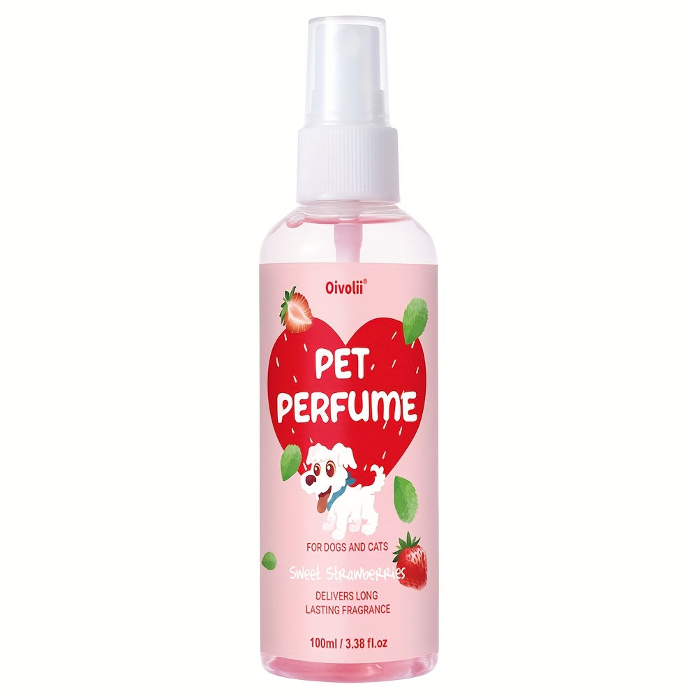 Dog Perfume Spray with Sweet Strawberry Scent, 100ml Pet Cologne and Deodorizing Mist for Label-Directed Coat and Bedding Freshening