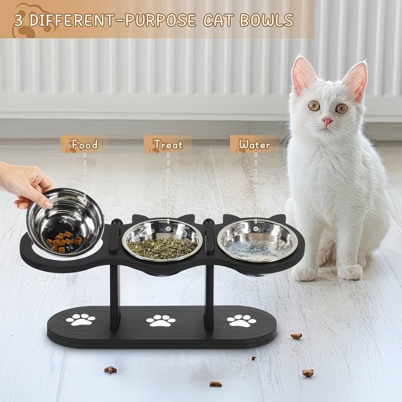Adjustable Cat Bowl Stand with 3 Stainless Steel Bowls, 15 Degree Tilted Black Elevated Feeding Station with Cat-Ear Holders for Food and Water