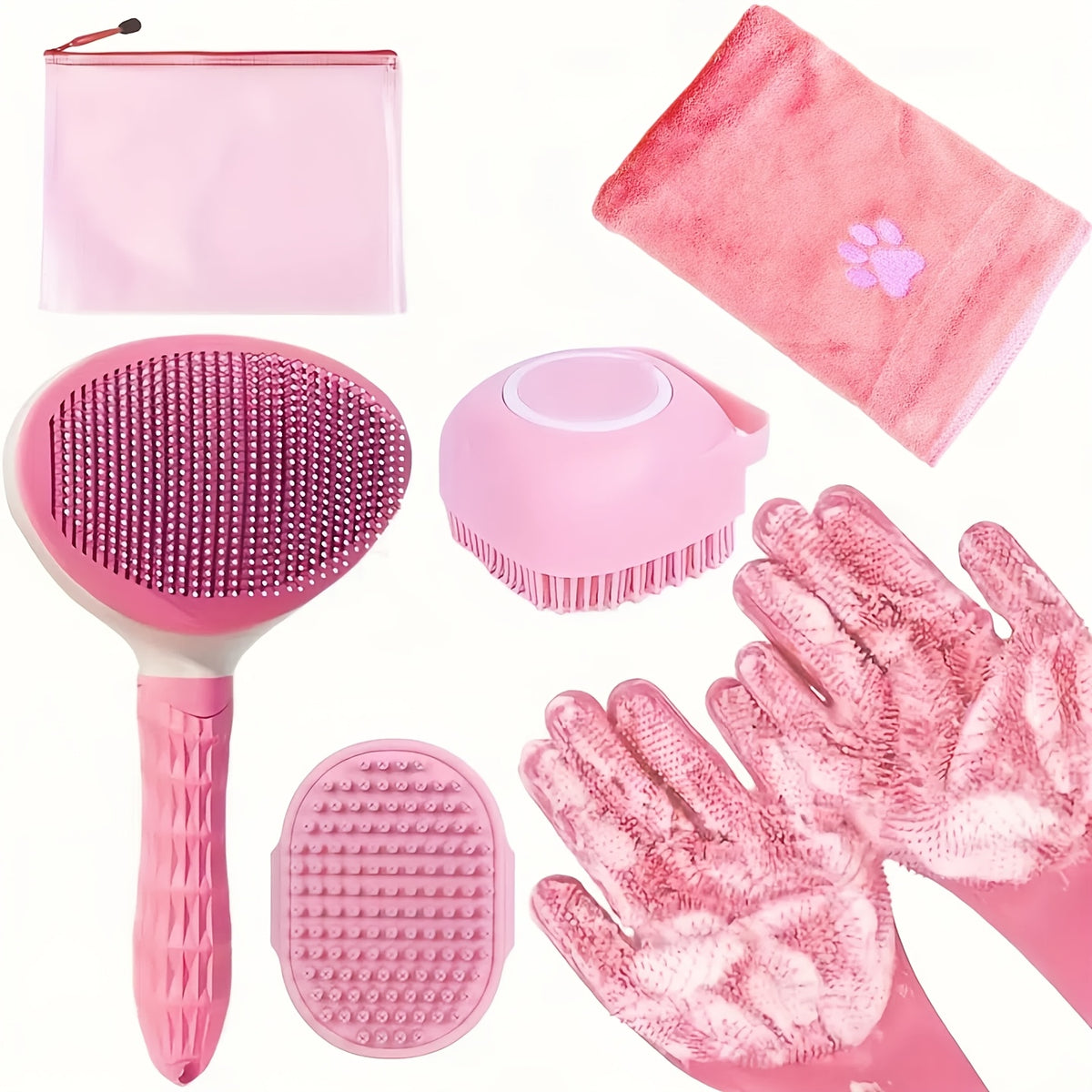 Dog Grooming Kit 6 Piece, Manual Pet Care Set with Brush, Microfiber Towel, Washing Gloves and Shedding Tool for At-Home Bath and Coat Care