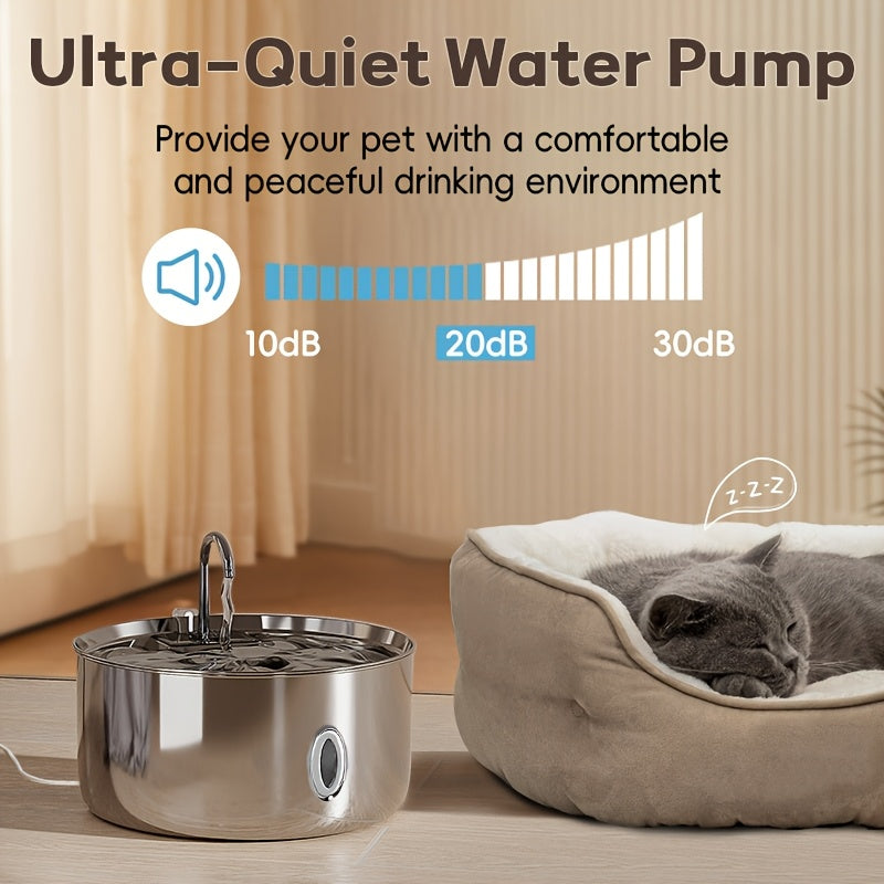 Dog Water Fountain FT007 7L, Stainless Steel USB Powered Pet Drinking Dispenser with Water Level Window and Filtration for Cats and Multi-Pet Homes