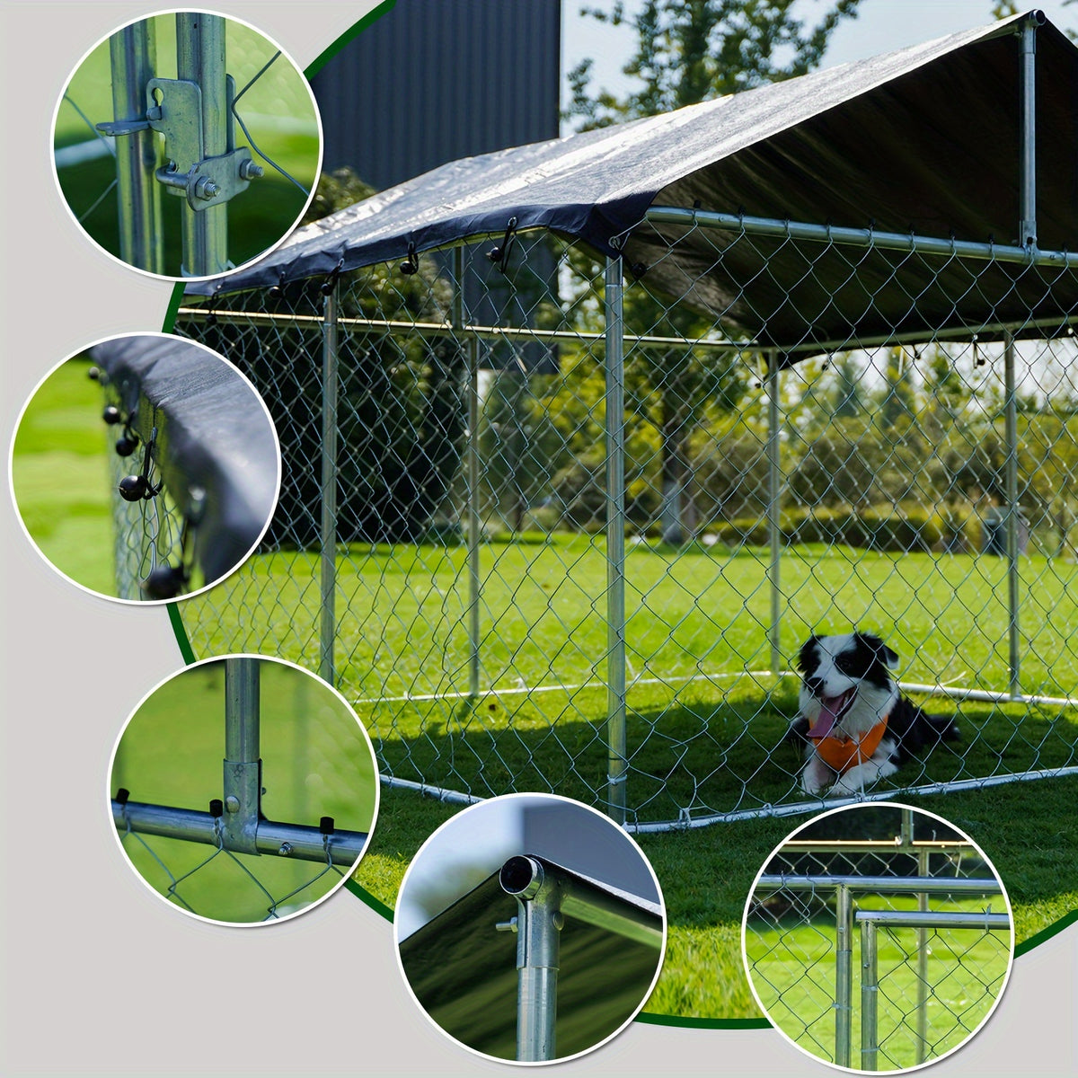 Galvanized Metal Dog Kennel with Canopy, Outdoor Steel Mesh Enclosure with Lockable Gate and PE Roof Cover, Three Backyard Dog Run Size Options