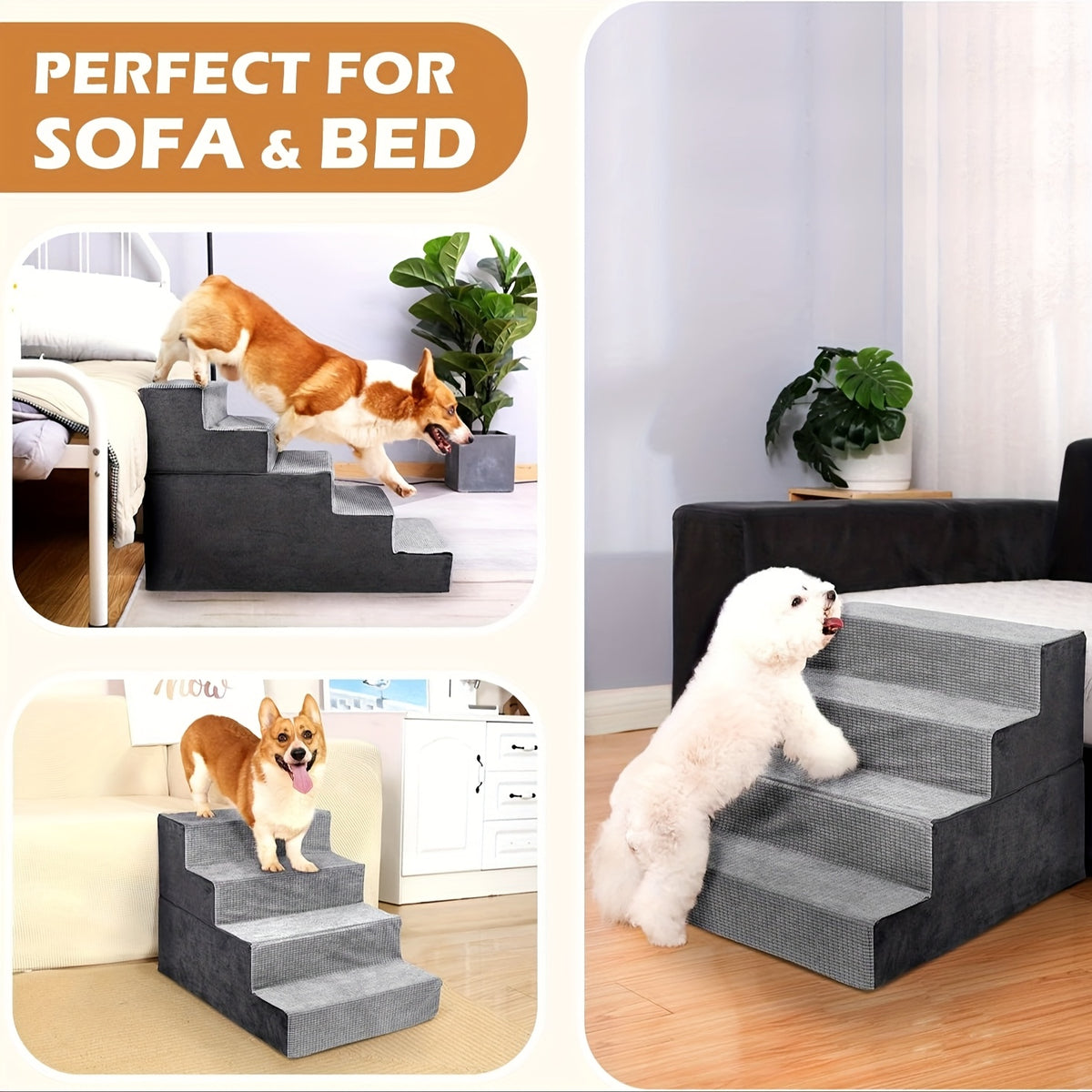 High Bed Dog Stairs for Small Dogs and Cats, Gray Non-Slip Indoor Pet Steps in 4 or 5-Step Styles for Bedside Furniture Access
