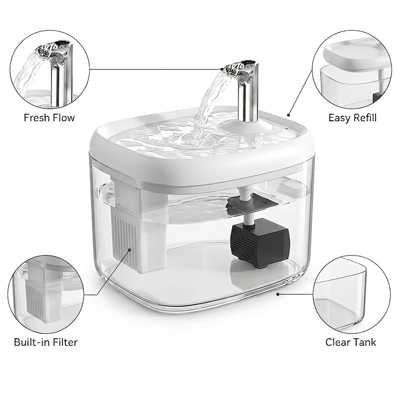 Filtered Cat Water Fountain, Ultra-Quiet USB Powered Pet Drinking Dispenser with Multi-Stage Filtration, Easy-Clean Design for Home & Travel