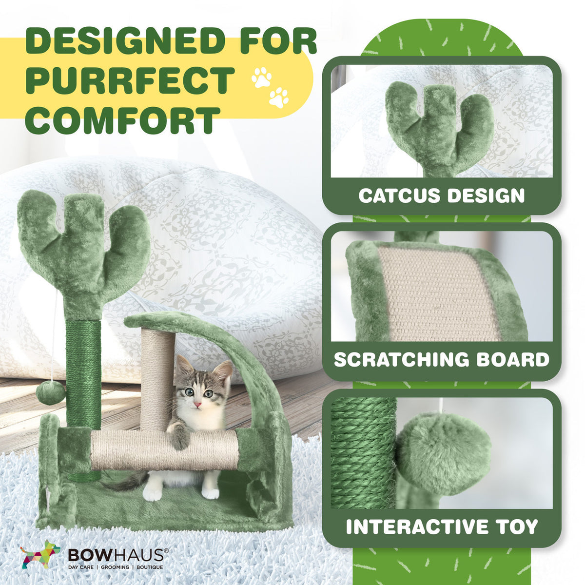 Small Cactus Cat Tree for Kittens, Green 20-Inch Indoor Cat Tower with Three Sisal Scratching Posts, Arched Pad and Interactive Ball