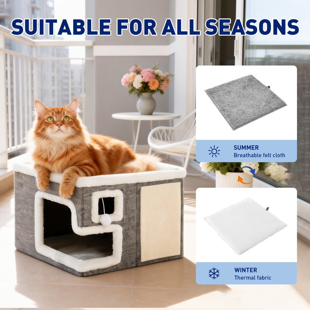 Cat House with Scratching Box, Large Light Gray 3-in-1 Indoor Cat Condo Cube with Wooden Structure and Ottoman-Style Hideaway for Sleep and Play