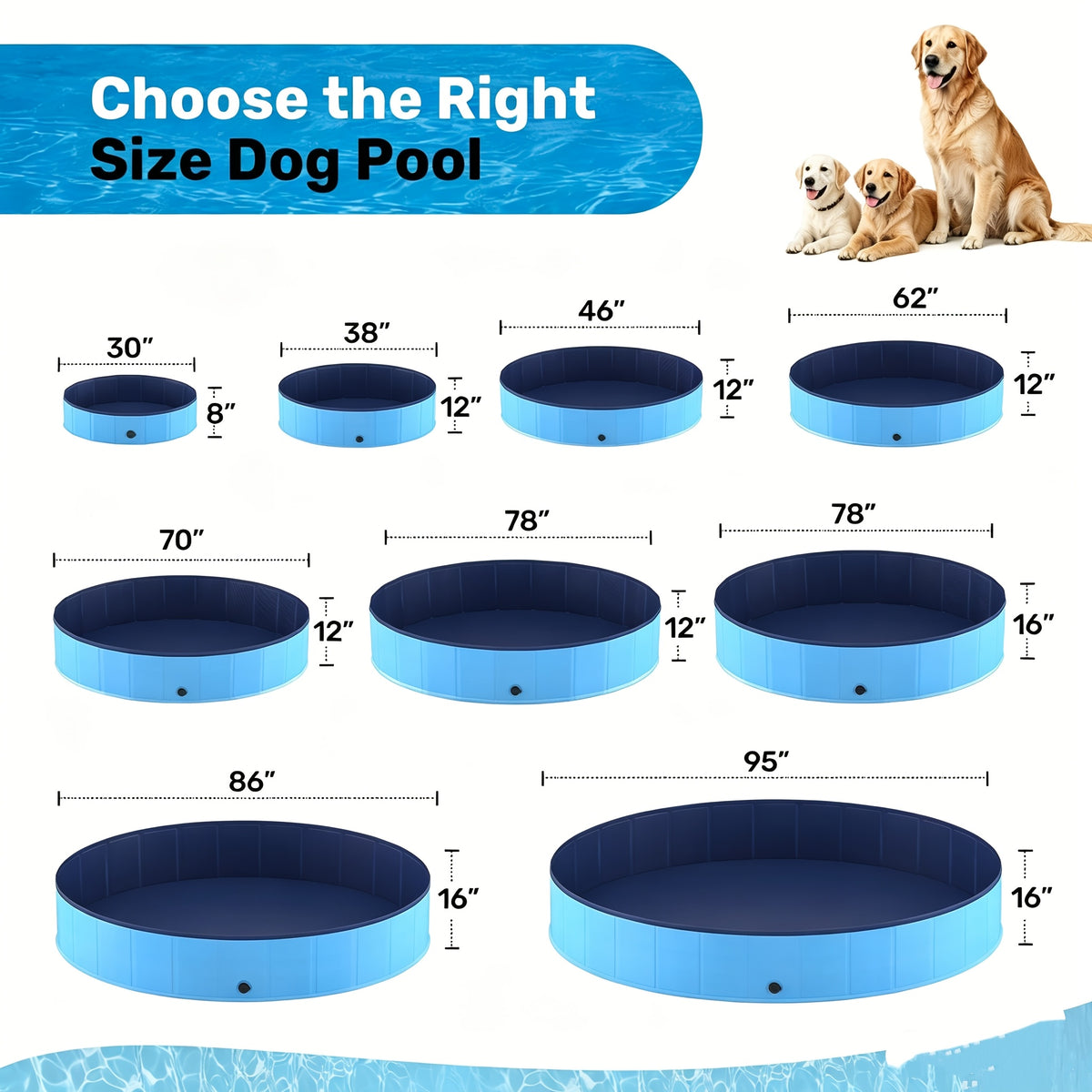 Foldable Dog Pool for Backyard Wading and Bath Time, Collapsible Portable Pet Bath Tub in Grey or Lake Blue, Eight Size Options for Summer Use