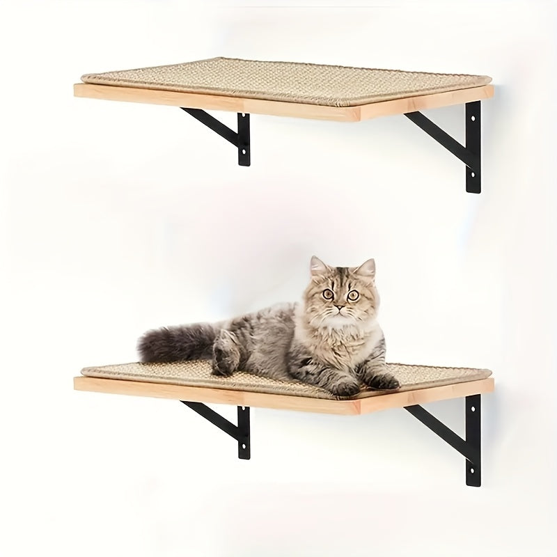 Cat Wall Shelf with Sisal Scratching Mat, Solid Wood Cat Perch with Metal Brackets for Indoor Climbing, Elevated Resting and Space-Saving Lounging