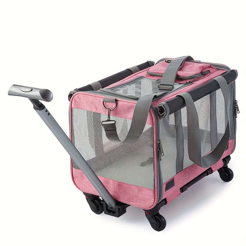 Rolling Pet Carrier Backpack with Telescoping Handle, Ventilated Oxford Cloth Travel Trolley with Zipper Closure and 360° Swivel Wheels
