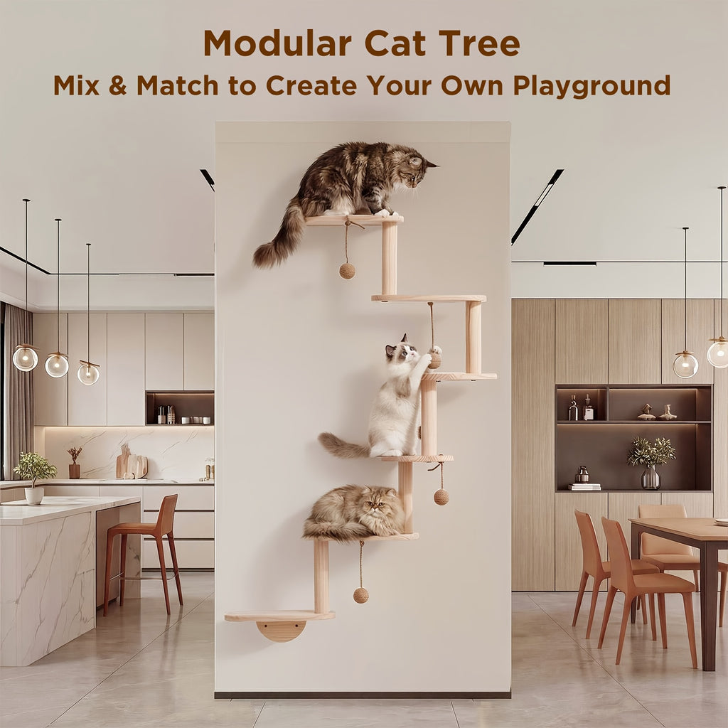Modular Cat Wall Shelves 6-Piece Set with 5 Toy Balls, DIY Wall-Mounted Cat Tree Furniture for Indoor Climbing, Resting and Scratching