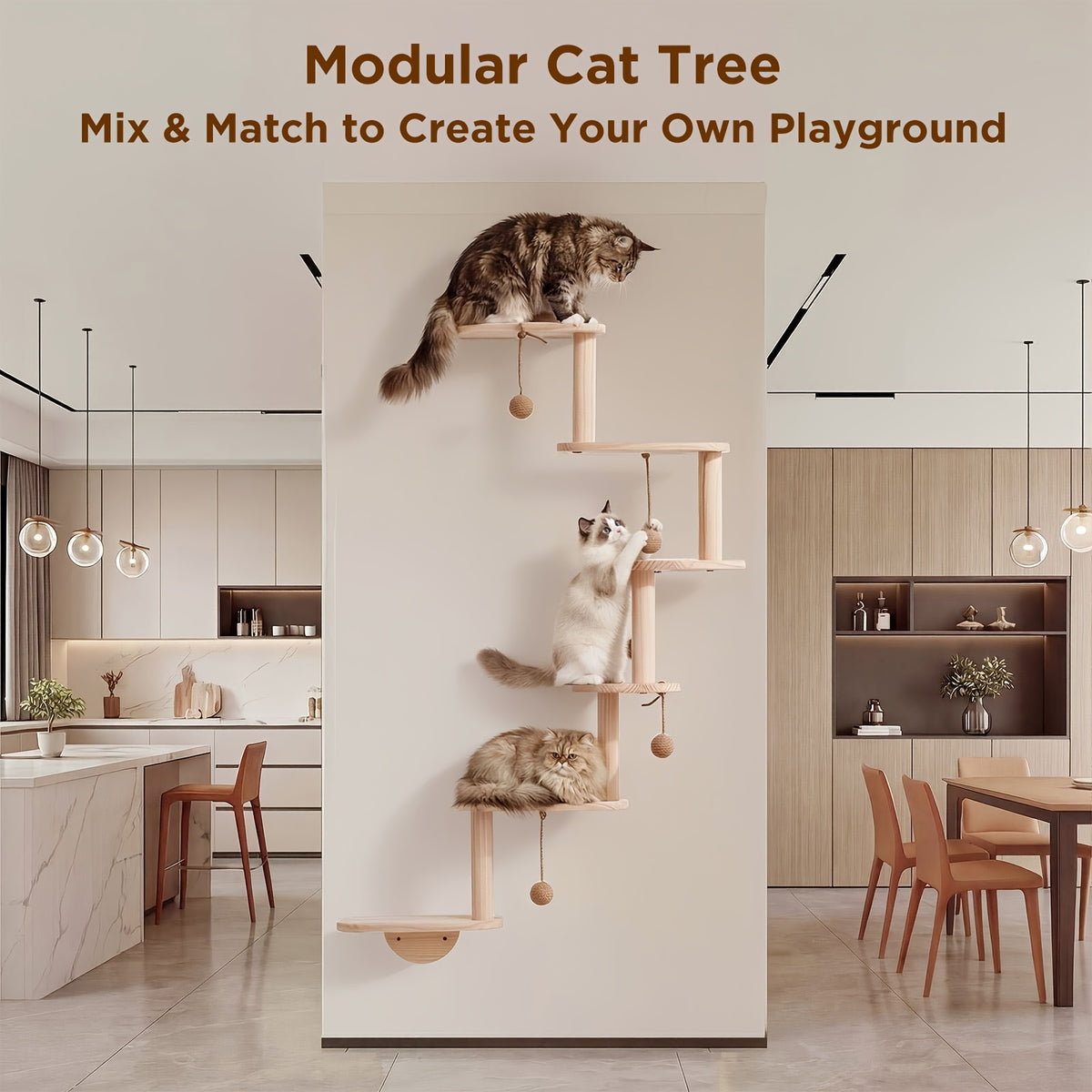 Modular Cat Wall Shelves 6-Piece Set with 5 Toy Balls, DIY Wall-Mounted Cat Tree Furniture for Indoor Climbing, Resting and Scratching