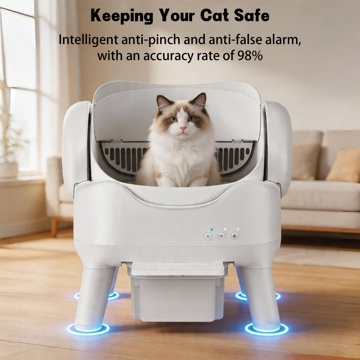 Open Top Self Cleaning Litter Box in White, Automatic Cat Toilet with High Sides, Low Noise Operation and 3.96 Gallon Waste Drawer