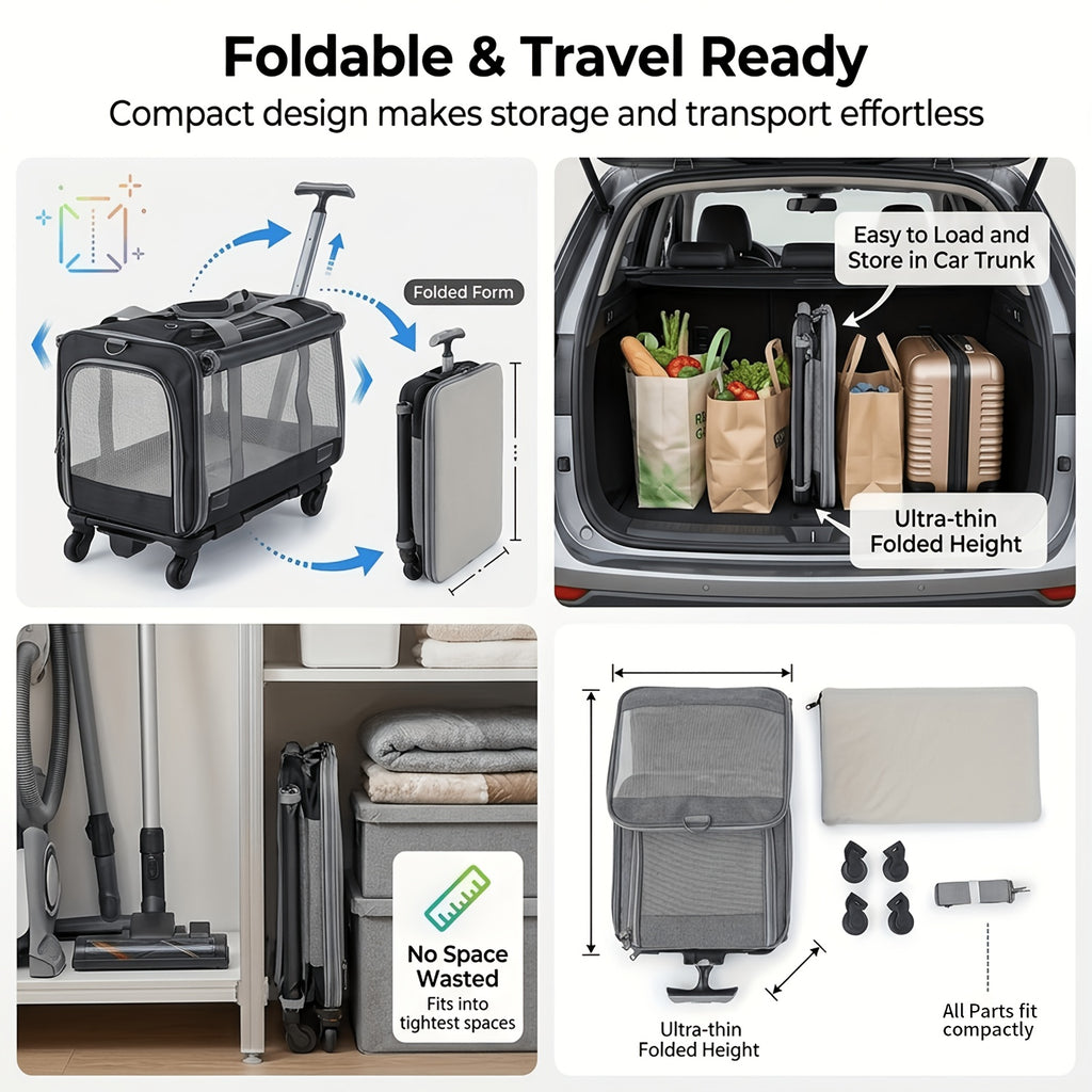 Rolling Pet Carrier Backpack with Telescoping Handle, Ventilated Oxford Cloth Travel Trolley with Zipper Closure and 360° Swivel Wheels