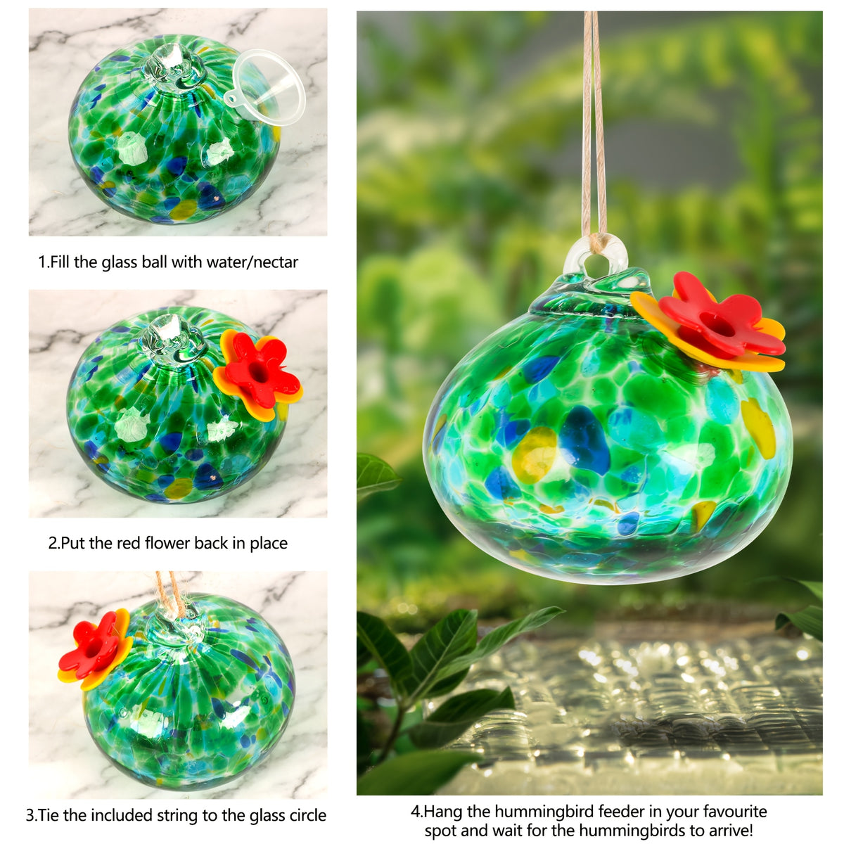 Hanging Glass Hummingbird Feeder with Flower Port, Colorful Round Nectar Ornament for Garden, Patio and Terrace Decor, Bird Lover Gift