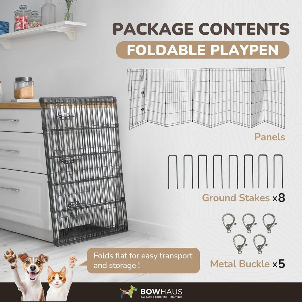 Dog Playpen with Gate and 8 Foldable Metal Panels, Portable Indoor Outdoor Exercise Fence for Small Dogs, 24 Inch and 36 Inch Size Options