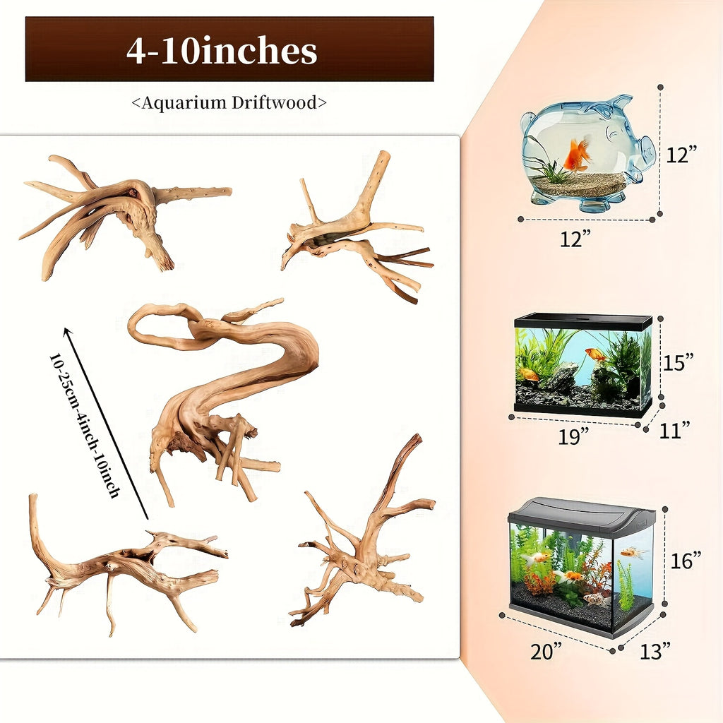 Aquarium Driftwood 5-Piece Assorted Branch Set, Natural Wood Decor for Fish Tank Aquascaping, Shrimp Habitat Layouts and Reptile Enclosures