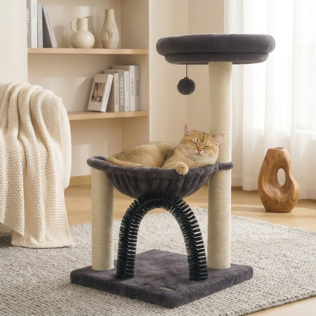 Cat Tree for Kittens and Small Cats, 27.8-Inch Gray Indoor Tower with Plush Basket, Top Perch, Scratching Posts and Dangling Ball Toy