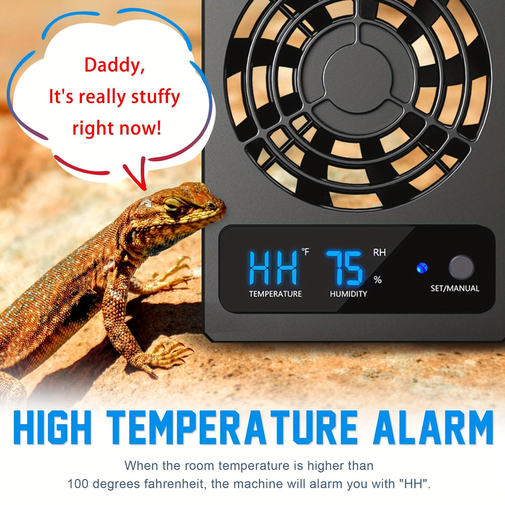 Reptile Climate Controller with Digital Thermometer and Hygrometer, Automatic Dehumidifying Ventilation Fan and High-Temperature Alarm for Terrariums