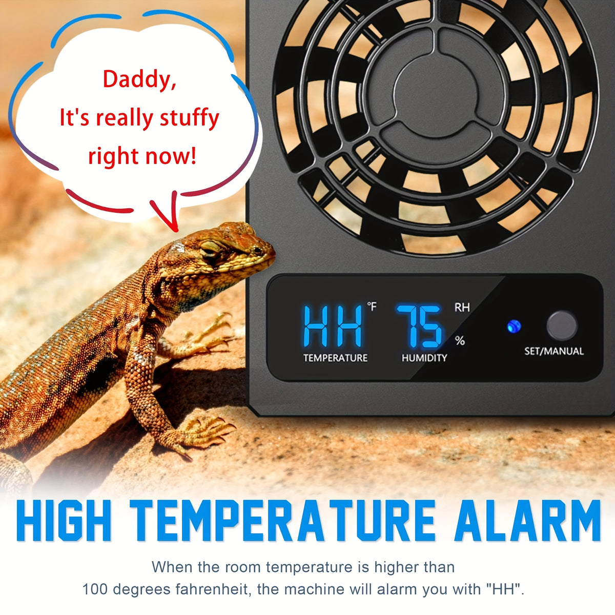 Reptile Climate Controller with Digital Thermometer and Hygrometer, Automatic Dehumidifying Ventilation Fan and High-Temperature Alarm for Terrariums