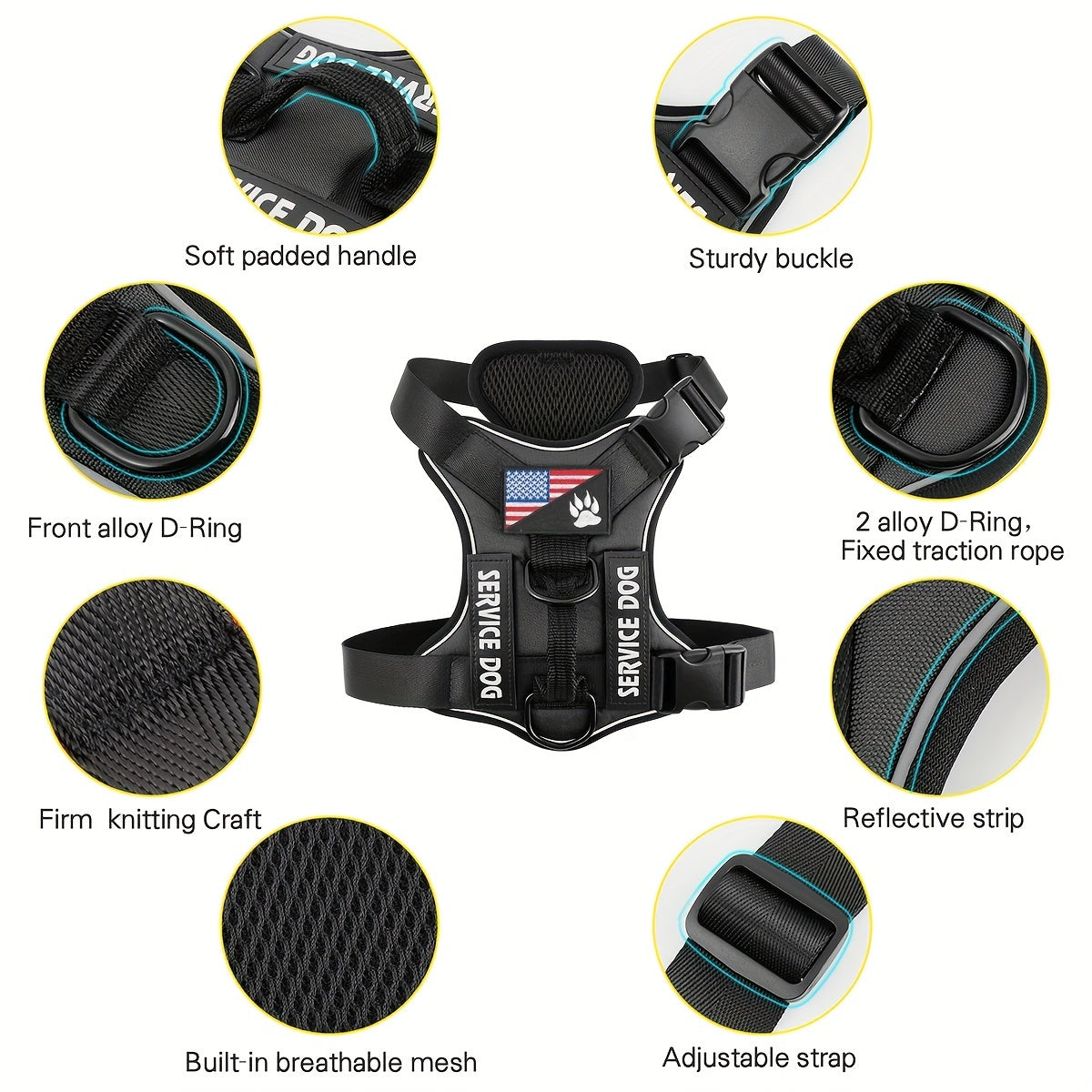 No Pull Dog Harness with 5 PCS Patches, Adjustable Dog Vest Harness and Leash Set with Dog Seat Belt, Collapsible Bowls and Poop Bag Dispenser for Training Walking Hiking