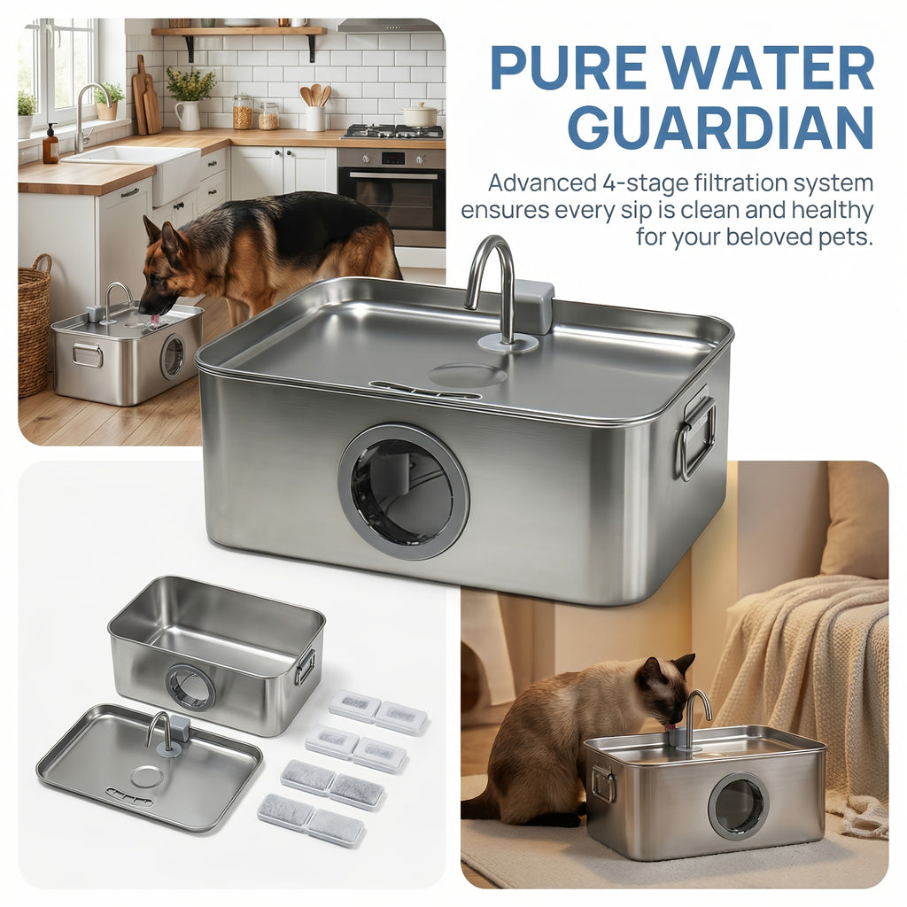Stainless Steel Dog Water Fountain 12L 3.2 Gal for Large Dogs and Multi-Pet Homes, Ultra Quiet Pet Water Dispenser with Water Level Window, Dry Burn Protection and Red Blue Indicator Lights, Easy to Clean, Without Battery