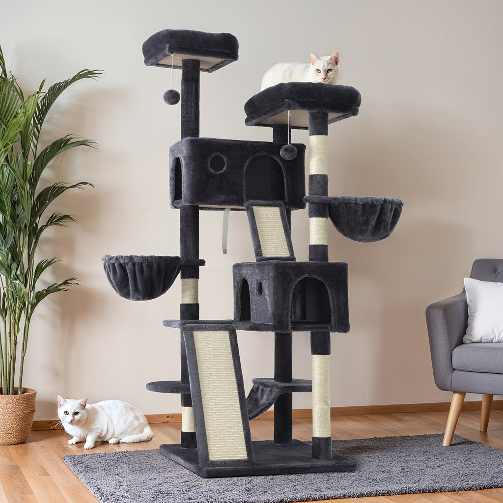 65 Inch Cat Tree Tower for Indoor Cats, Multi-Level Plush Cat Condo with Basket Beds, Hammock, Sisal Scratching Posts and Wide Base, Six Color Options
