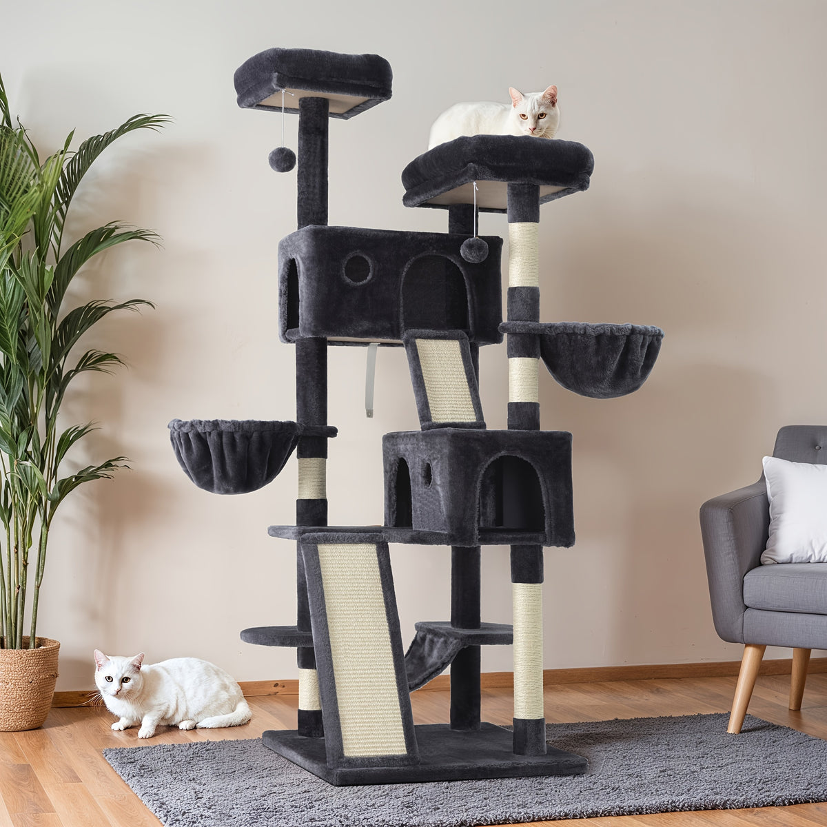 65 Inch Cat Tree Tower for Indoor Cats, Multi-Level Plush Cat Condo with Basket Beds, Hammock, Sisal Scratching Posts and Wide Base, Six Color Options